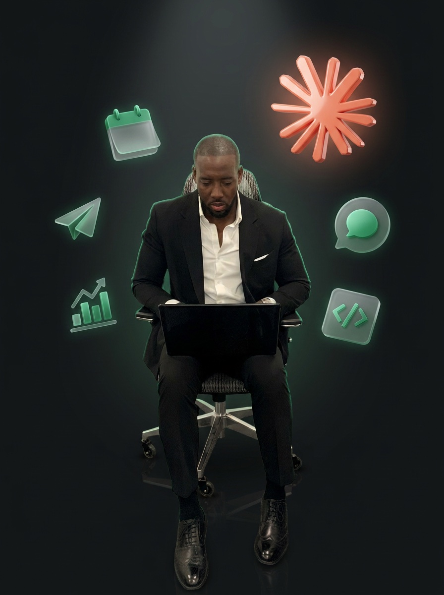 Nate Robert-Eze working, surrounded by his AI team's function icons and the Claude spark