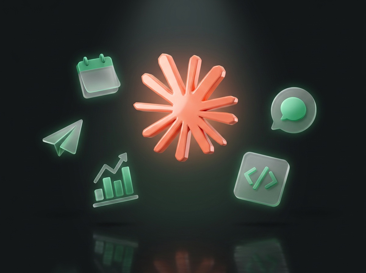 The AI toolkit: the Claude spark surrounded by calendar, outreach, finance, content, and code icons